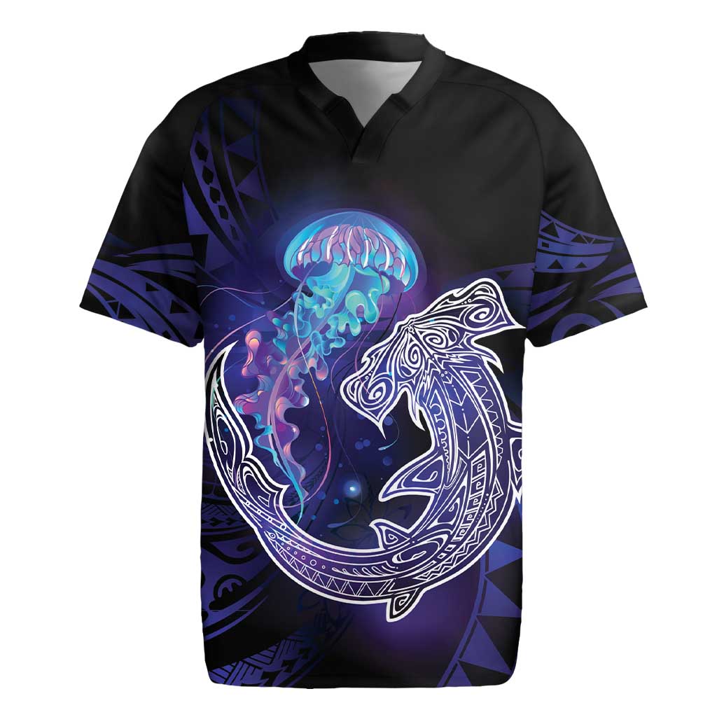 Polynesian Aumakua Rugby Jersey Jellyfish with Shark LT7 Teal Purple - Polynesian Pride