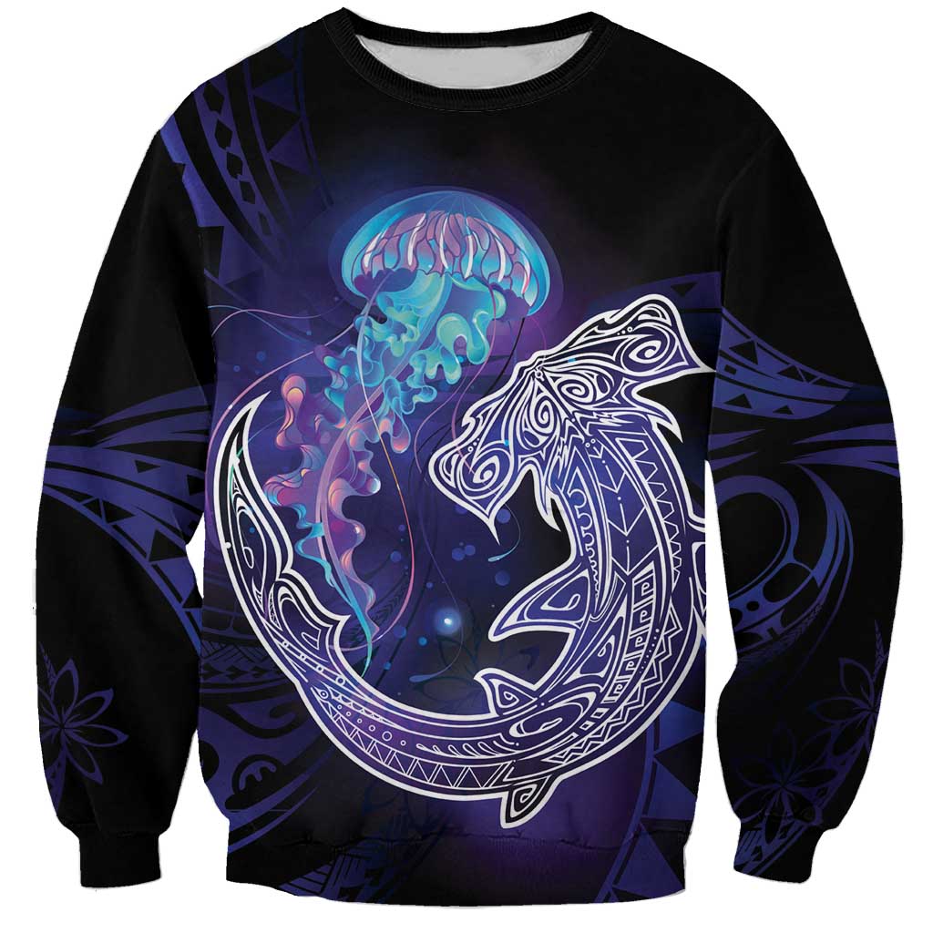 Polynesian Aumakua Sweatshirt Jellyfish with Shark LT7 Unisex Teal Purple - Polynesian Pride
