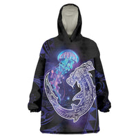 Polynesian Aumakua Wearable Blanket Hoodie Jellyfish with Shark LT7 One Size Teal Purple - Polynesian Pride