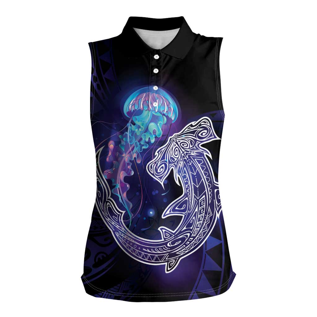 Polynesian Aumakua Women Sleeveless Polo Shirt Jellyfish with Shark LT7 Female Teal Purple - Polynesian Pride