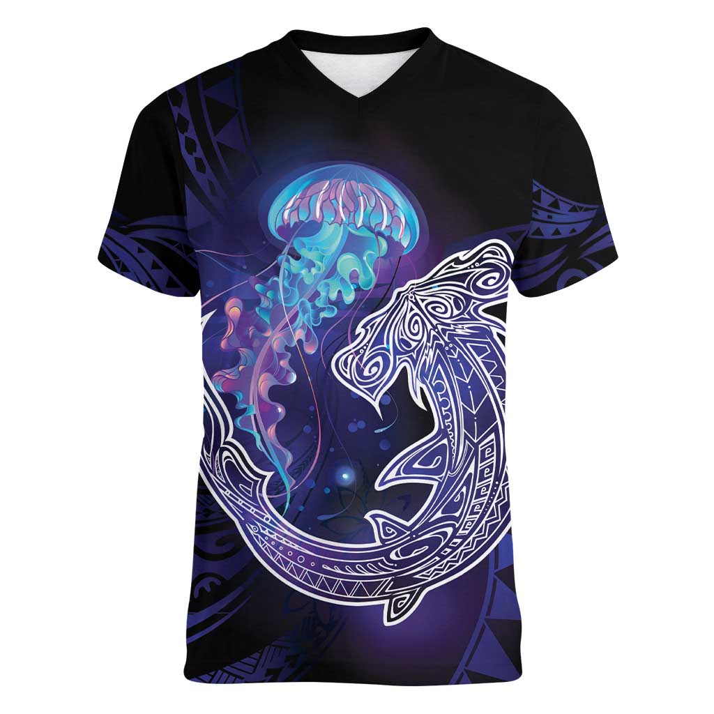 Polynesian Aumakua Women V-Neck T-Shirt Jellyfish with Shark - Polynesian Pride