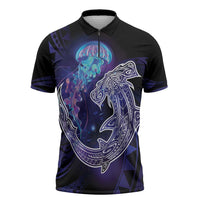 Polynesian Aumakua Zipper Polo Shirt Jellyfish with Shark LT7 Teal Purple - Polynesian Pride