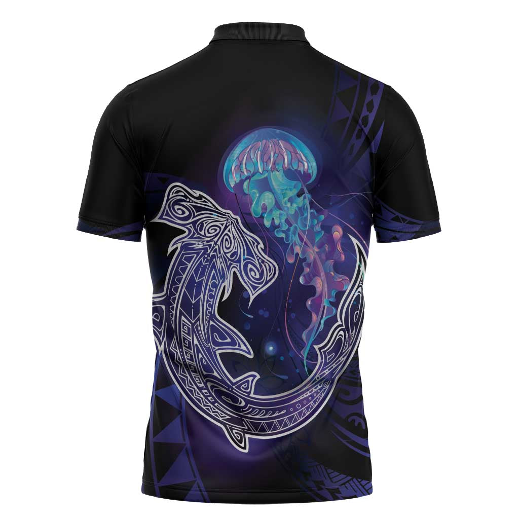 Polynesian Aumakua Zipper Polo Shirt Jellyfish with Shark LT7 - Polynesian Pride
