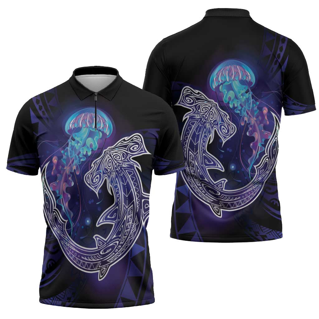 Polynesian Aumakua Zipper Polo Shirt Jellyfish with Shark LT7 - Polynesian Pride