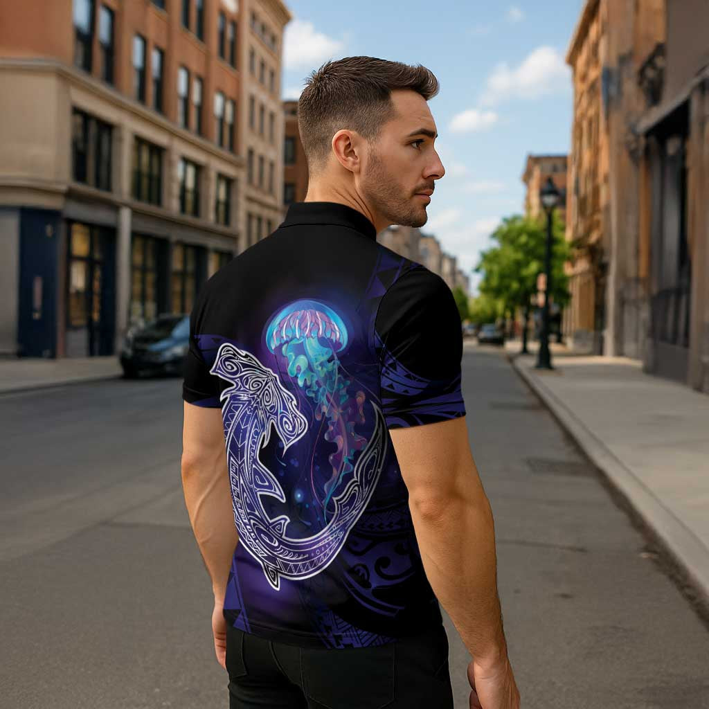 Polynesian Aumakua Zipper Polo Shirt Jellyfish with Shark LT7 - Polynesian Pride