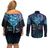 Aotearoa Maori Te Whai Rahi Couples Matching Off Shoulder Short Dress and Long Sleeve Button Shirt Tala - Nowhere You Could Go That I Won't Be With You - Polynesian Pride