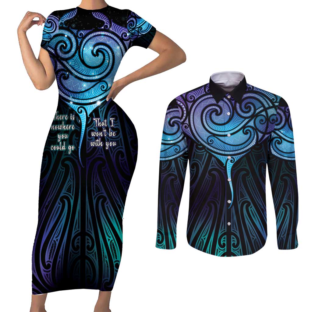 Aotearoa Maori Te Whai Rahi Couples Matching Short Sleeve Bodycon Dress and Long Sleeve Button Shirt Tala - Nowhere You Could Go That I Won't Be With You - Polynesian Pride