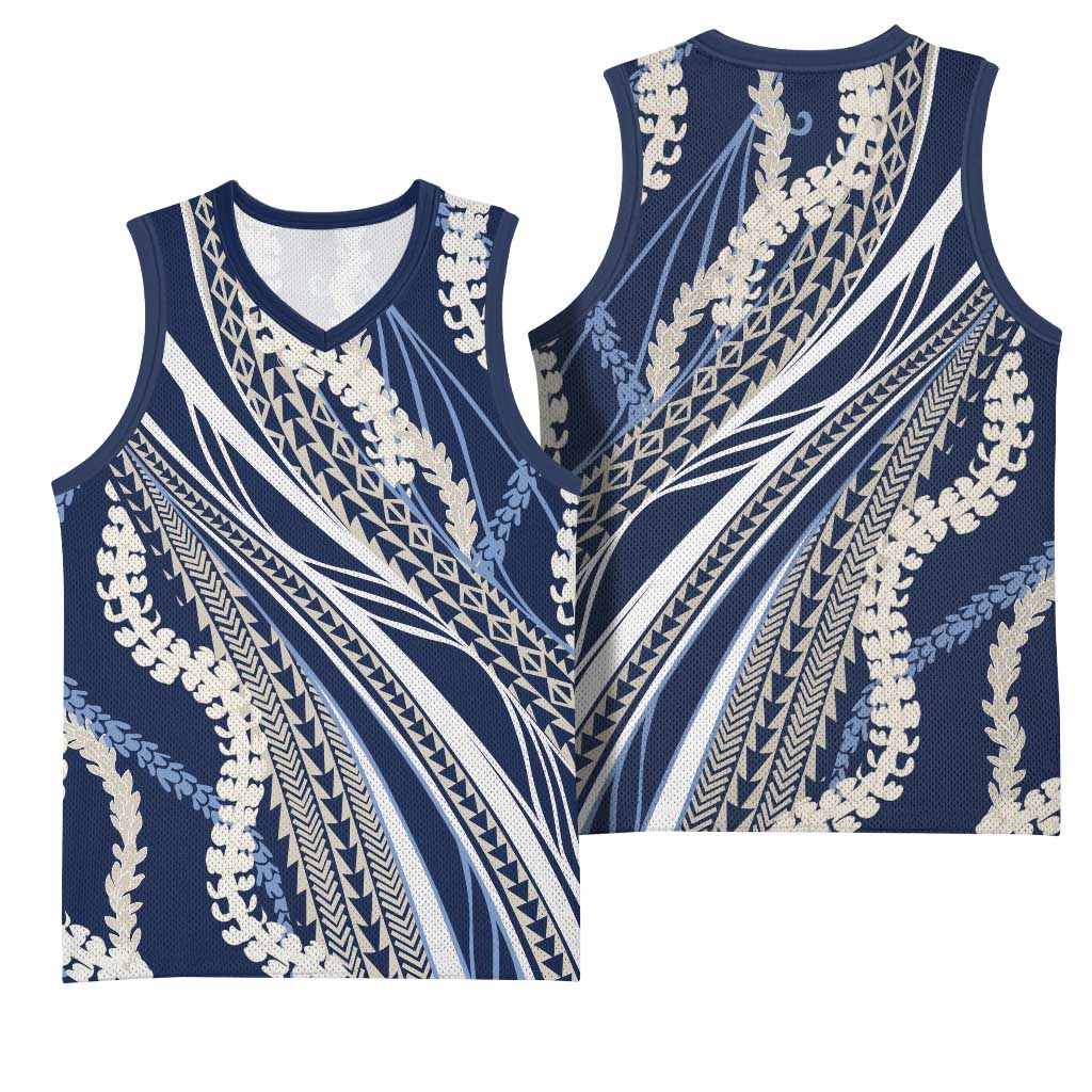 Polynesian Puakeniken Pikake Twisted Lei Basketball Jersey Navy Blue LT7 - Polynesian Pride