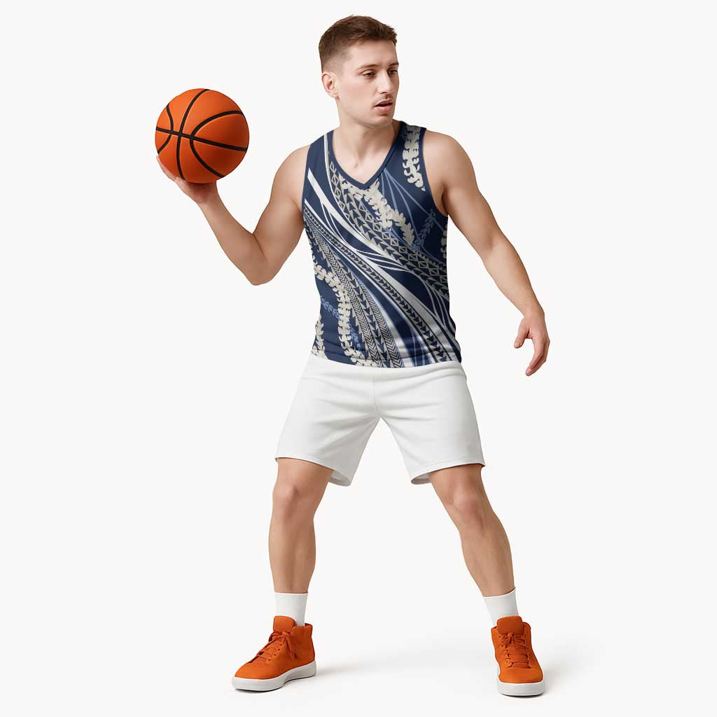 Polynesian Puakeniken Pikake Twisted Lei Basketball Jersey Navy Blue LT7 - Polynesian Pride