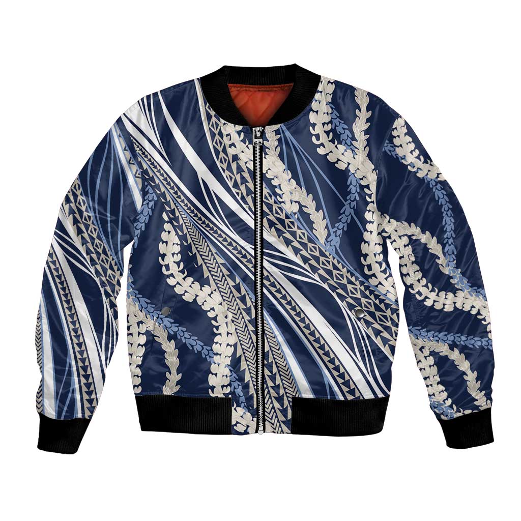 Polynesian Puakeniken Pikake Twisted Lei Bomber Jacket Navy Blue - Polynesian Pride