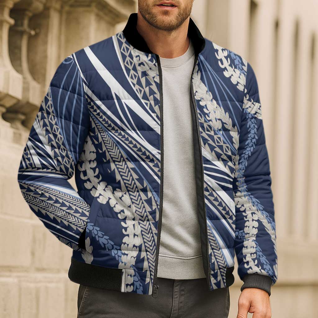 Polynesian Puakeniken Pikake Twisted Lei Bomber Puffer Jacket Navy Blue LT7 - Polynesian Pride