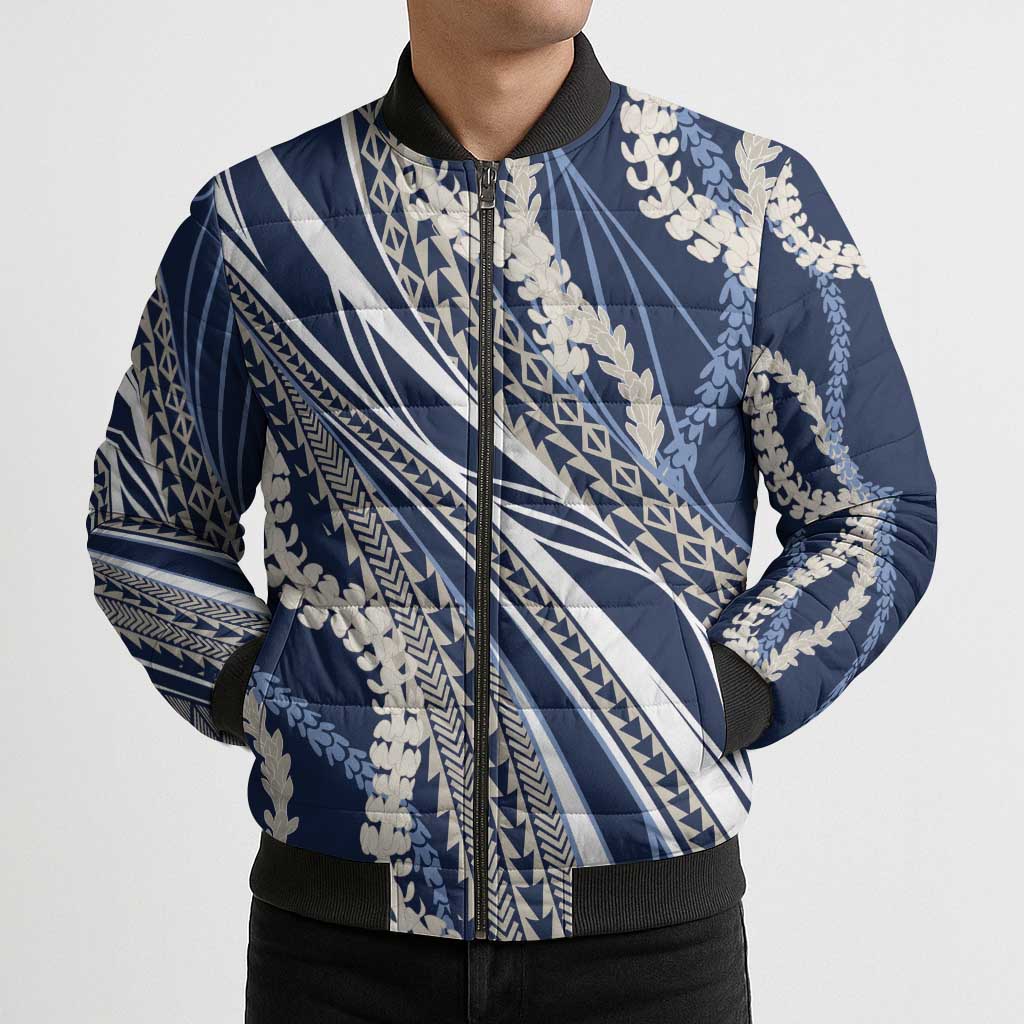 Polynesian Puakeniken Pikake Twisted Lei Bomber Puffer Jacket Navy Blue LT7 - Polynesian Pride