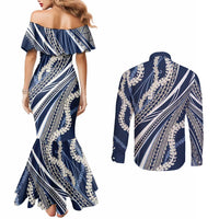 Polynesian Puakeniken Pikake Twisted Lei Couples Matching Mermaid Dress and Long Sleeve Button Shirt Navy Blue - Polynesian Pride