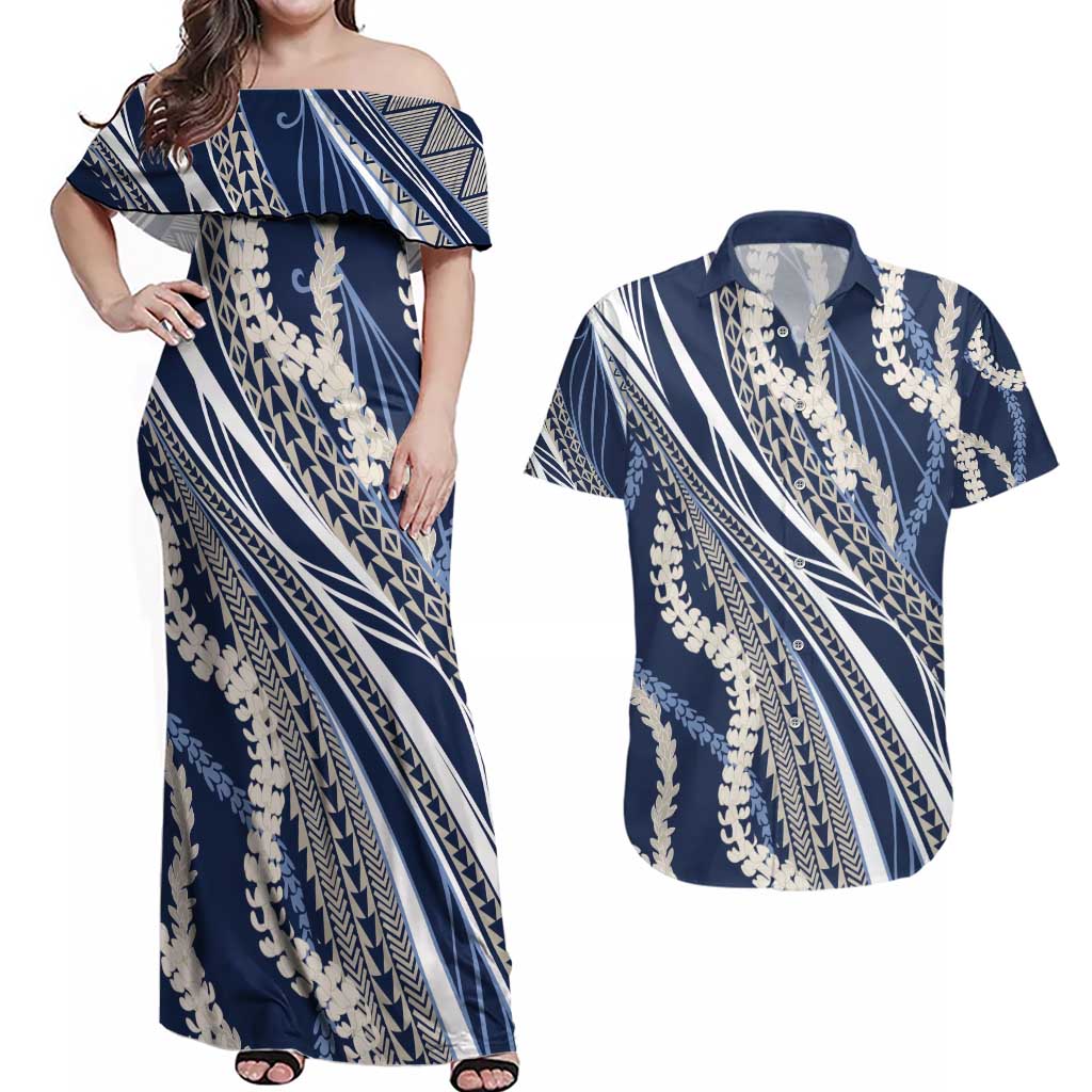 Polynesian Puakeniken Pikake Twisted Lei Couples Matching Off Shoulder Maxi Dress and Hawaiian Shirt Navy Blue - Polynesian Pride