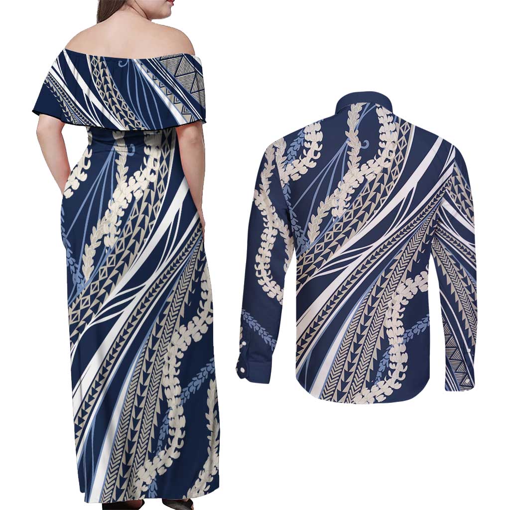 Polynesian Puakeniken Pikake Twisted Lei Couples Matching Off Shoulder Maxi Dress and Long Sleeve Button Shirt Navy Blue LT7 - Polynesian Pride