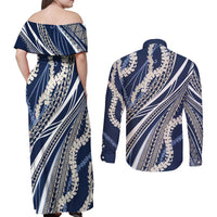 Polynesian Puakeniken Pikake Twisted Lei Couples Matching Off Shoulder Maxi Dress and Long Sleeve Button Shirt Navy Blue LT7 - Polynesian Pride