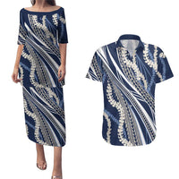 Polynesian Puakeniken Pikake Twisted Lei Couples Matching Puletasi and Hawaiian Shirt Navy Blue LT7 Navy Blue - Polynesian Pride