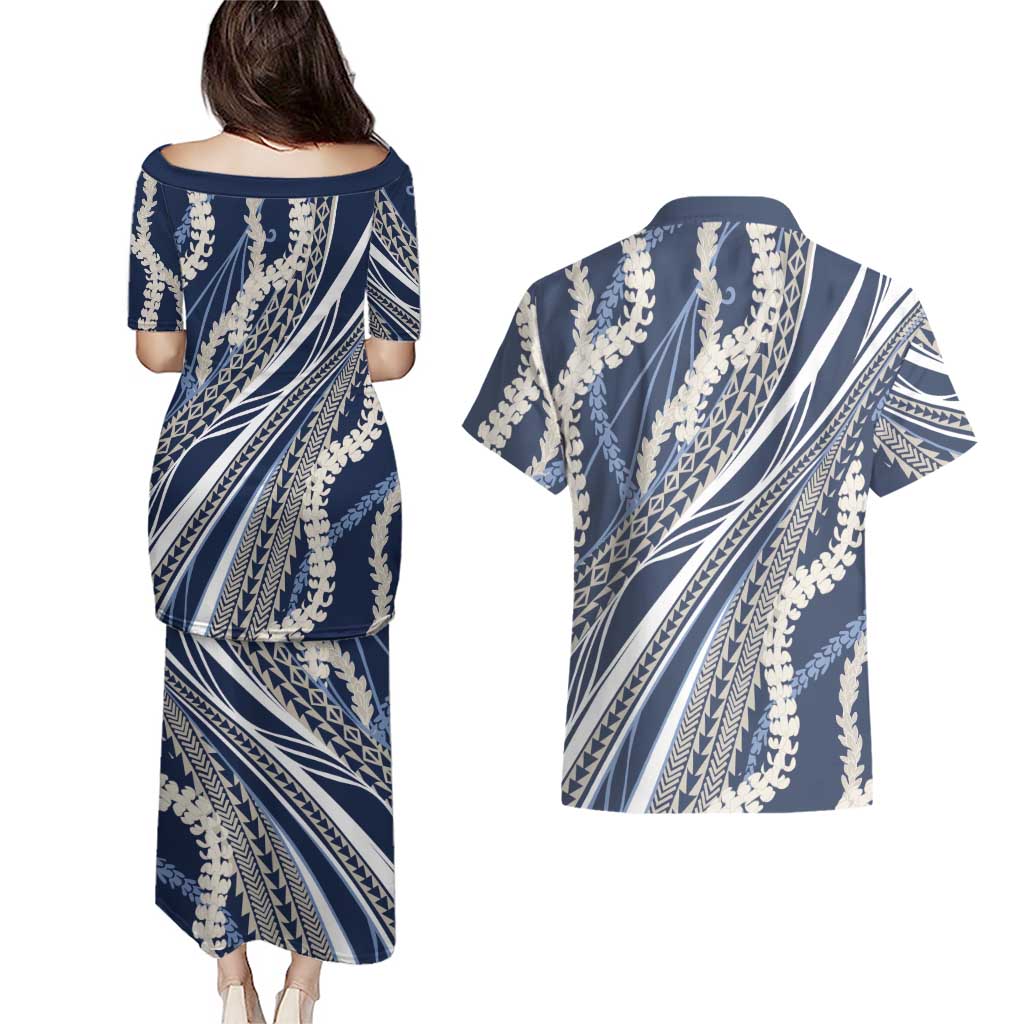 Polynesian Puakeniken Pikake Twisted Lei Couples Matching Puletasi and Hawaiian Shirt Navy Blue LT7 - Polynesian Pride