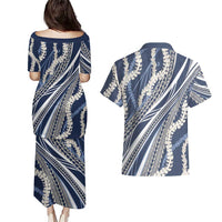 Polynesian Puakeniken Pikake Twisted Lei Couples Matching Puletasi and Hawaiian Shirt Navy Blue LT7 - Polynesian Pride