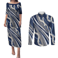 Polynesian Puakeniken Pikake Twisted Lei Couples Matching Puletasi and Long Sleeve Button Shirt Navy Blue LT7 Navy Blue - Polynesian Pride