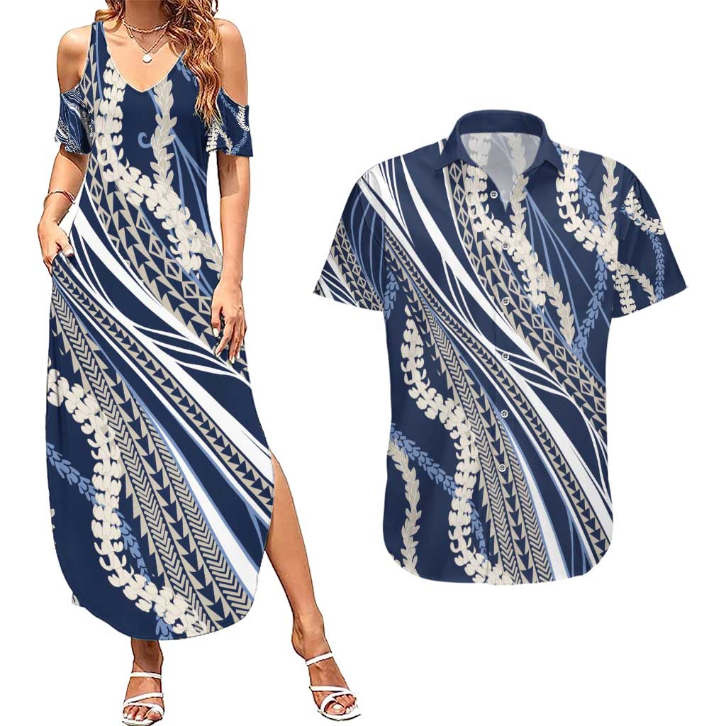 Polynesian Puakeniken Pikake Twisted Lei Couples Matching Summer Maxi Dress and Hawaiian Shirt Navy Blue - Polynesian Pride