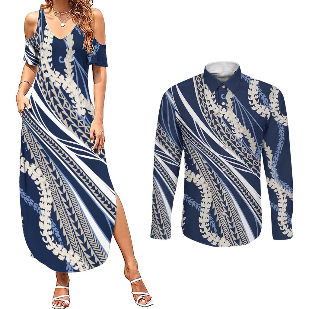 Polynesian Puakeniken Pikake Twisted Lei Couples Matching Summer Maxi Dress and Long Sleeve Button Shirt Navy Blue LT7 Navy Blue - Polynesian Pride