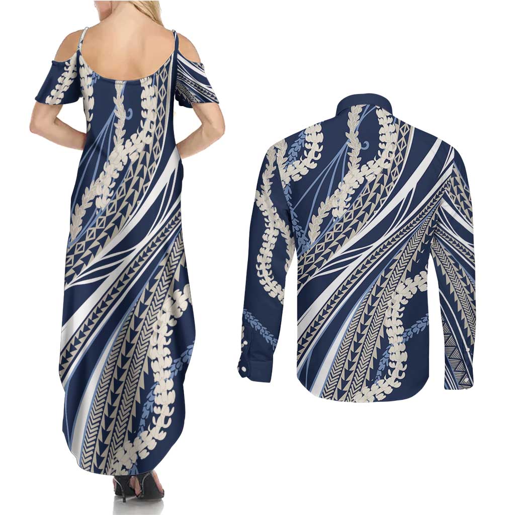 Polynesian Puakeniken Pikake Twisted Lei Couples Matching Summer Maxi Dress and Long Sleeve Button Shirt Navy Blue LT7 - Polynesian Pride