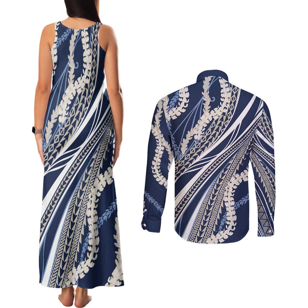 Polynesian Puakeniken Pikake Twisted Lei Couples Matching Tank Maxi Dress and Long Sleeve Button Shirt Navy Blue - Polynesian Pride