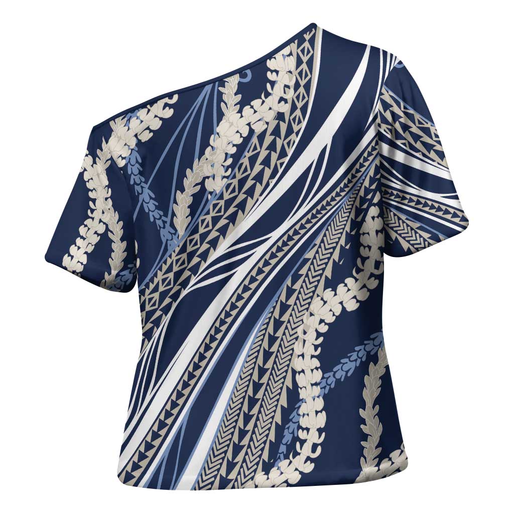 Polynesian Puakeniken Pikake Twisted Lei Cross Shoulder Shirt Navy Blue LT7 - Polynesian Pride