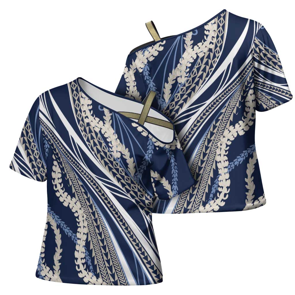 Polynesian Puakeniken Pikake Twisted Lei Cross Shoulder Shirt Navy Blue LT7 - Polynesian Pride