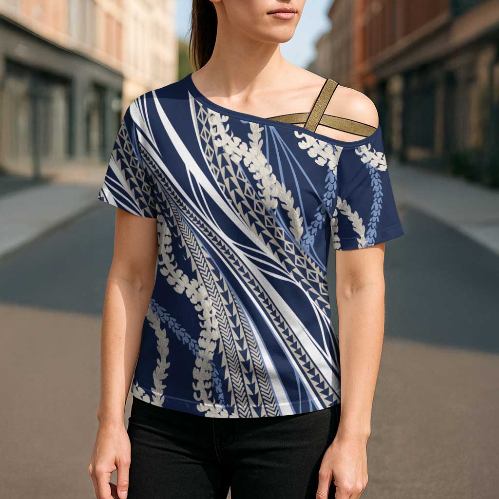 Polynesian Puakeniken Pikake Twisted Lei Cross Shoulder Shirt Navy Blue LT7 - Polynesian Pride