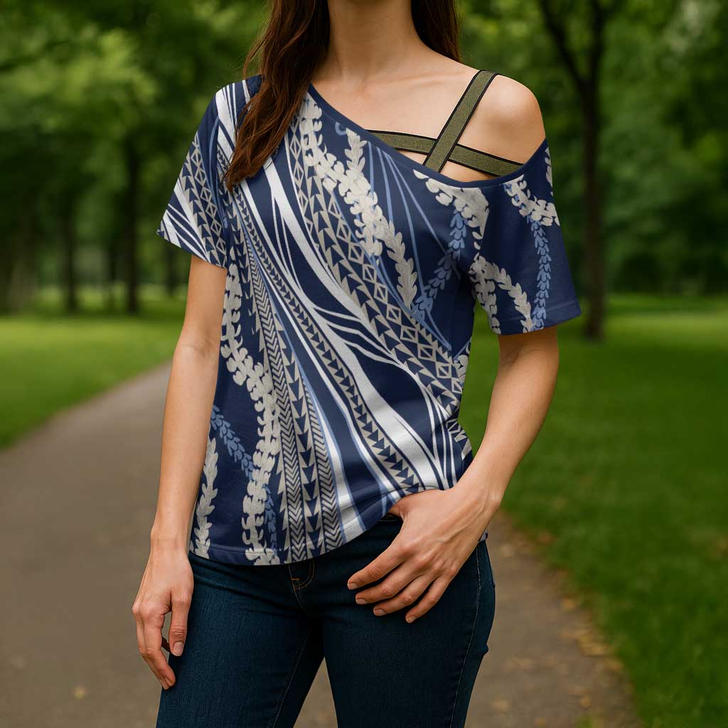 Polynesian Puakeniken Pikake Twisted Lei Cross Shoulder Shirt Navy Blue LT7 - Polynesian Pride