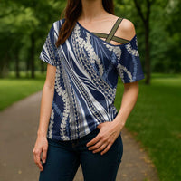Polynesian Puakeniken Pikake Twisted Lei Cross Shoulder Shirt Navy Blue LT7 - Polynesian Pride