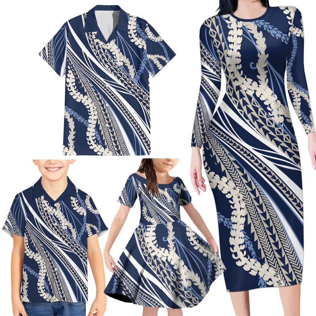 Polynesian Puakeniken Pikake Twisted Lei Family Matching Long Sleeve Bodycon Dress and Hawaiian Shirt Navy Blue - Polynesian Pride