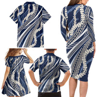 Polynesian Puakeniken Pikake Twisted Lei Family Matching Long Sleeve Bodycon Dress and Hawaiian Shirt Navy Blue - Polynesian Pride