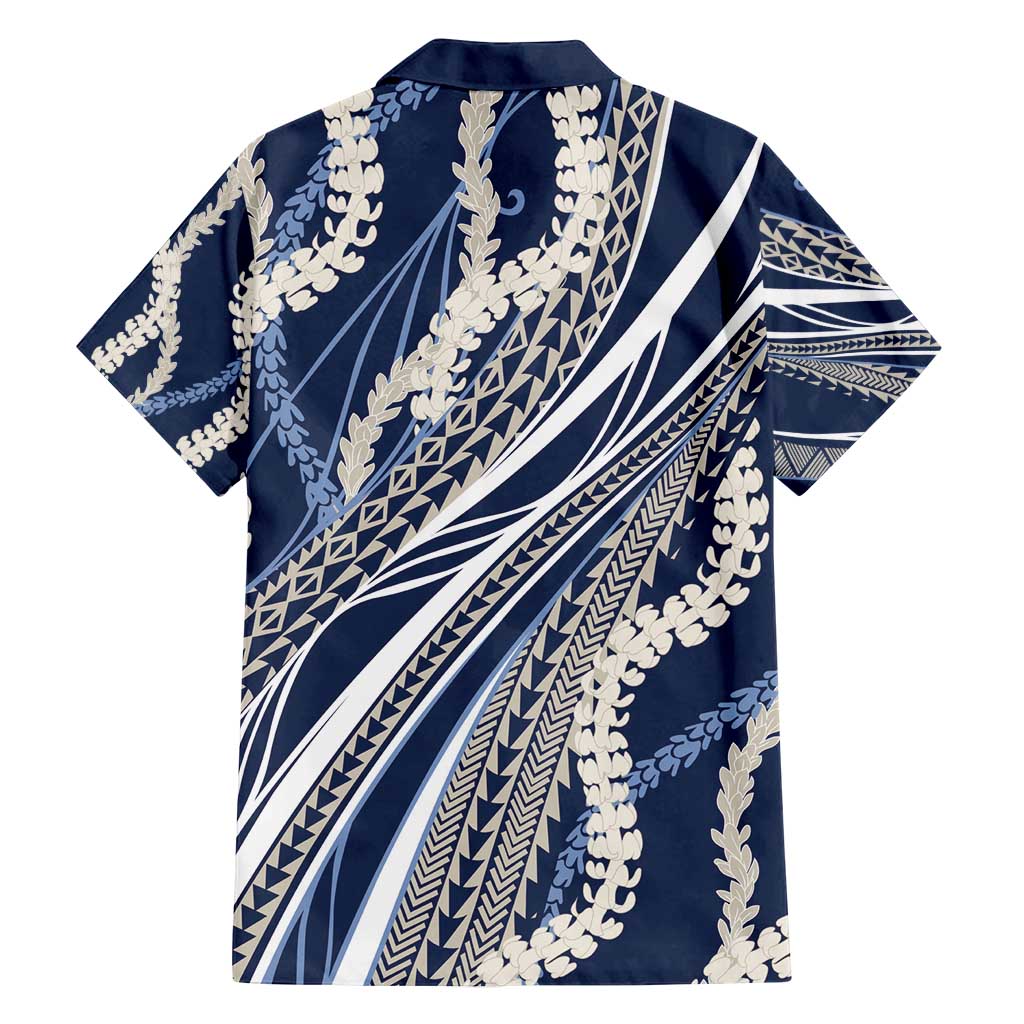 Polynesian Puakeniken Pikake Twisted Lei Family Matching Long Sleeve Bodycon Dress and Hawaiian Shirt Navy Blue - Polynesian Pride