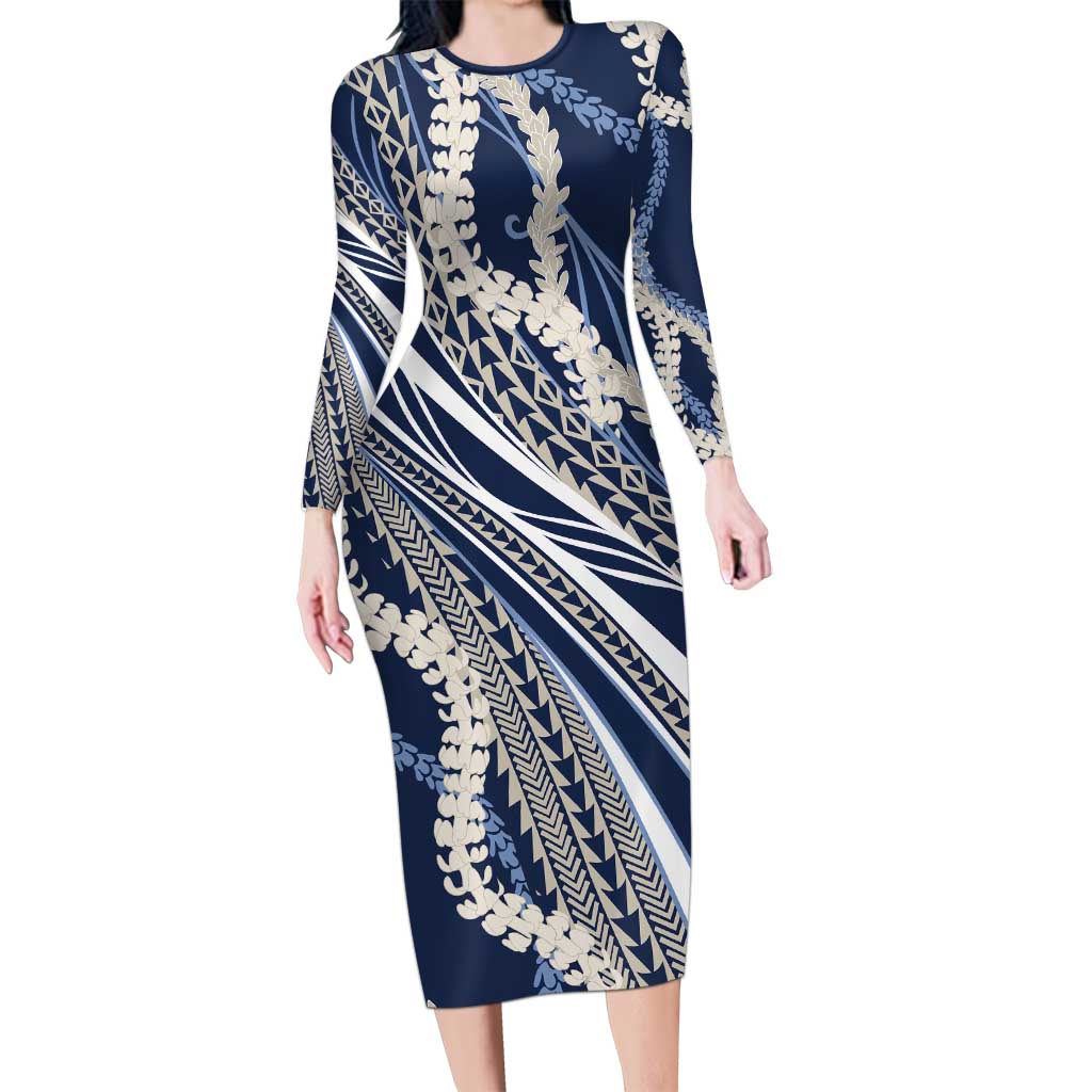 Polynesian Puakeniken Pikake Twisted Lei Family Matching Long Sleeve Bodycon Dress and Hawaiian Shirt Navy Blue - Polynesian Pride