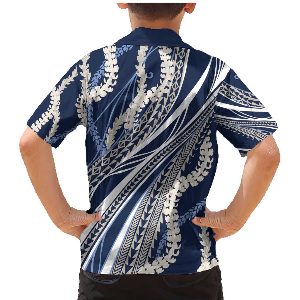 Polynesian Puakeniken Pikake Twisted Lei Family Matching Mermaid Dress and Hawaiian Shirt Navy Blue - Polynesian Pride