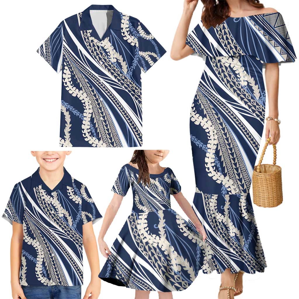 Polynesian Puakeniken Pikake Twisted Lei Family Matching Mermaid Dress and Hawaiian Shirt Navy Blue - Polynesian Pride