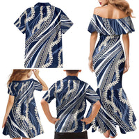 Polynesian Puakeniken Pikake Twisted Lei Family Matching Mermaid Dress and Hawaiian Shirt Navy Blue - Polynesian Pride