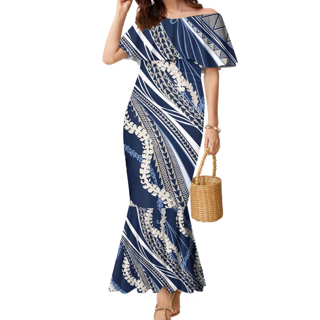 Polynesian Puakeniken Pikake Twisted Lei Family Matching Mermaid Dress and Hawaiian Shirt Navy Blue - Polynesian Pride