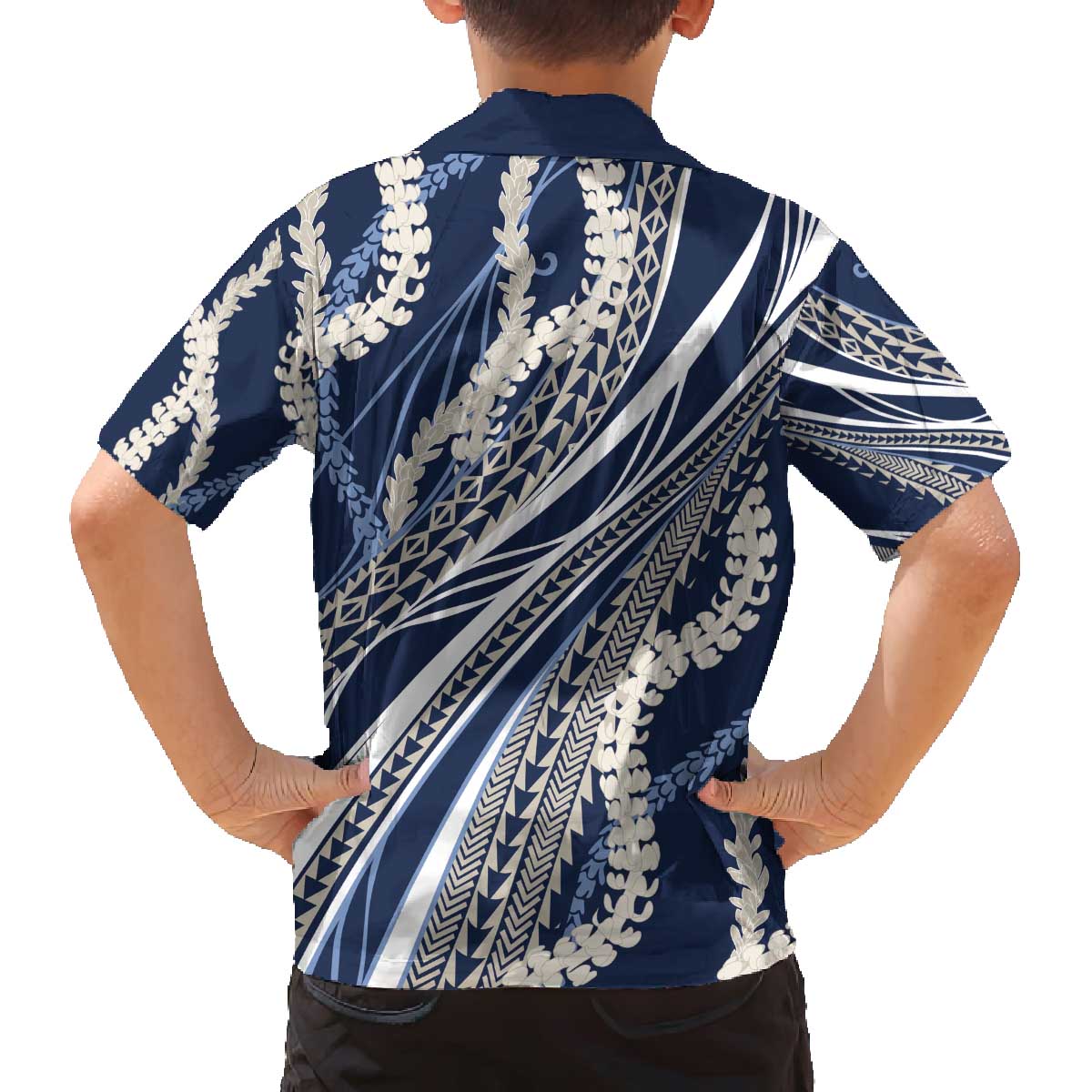 Polynesian Puakeniken Pikake Twisted Lei Family Matching Off The Shoulder Long Sleeve Dress and Hawaiian Shirt Navy Blue - Polynesian Pride