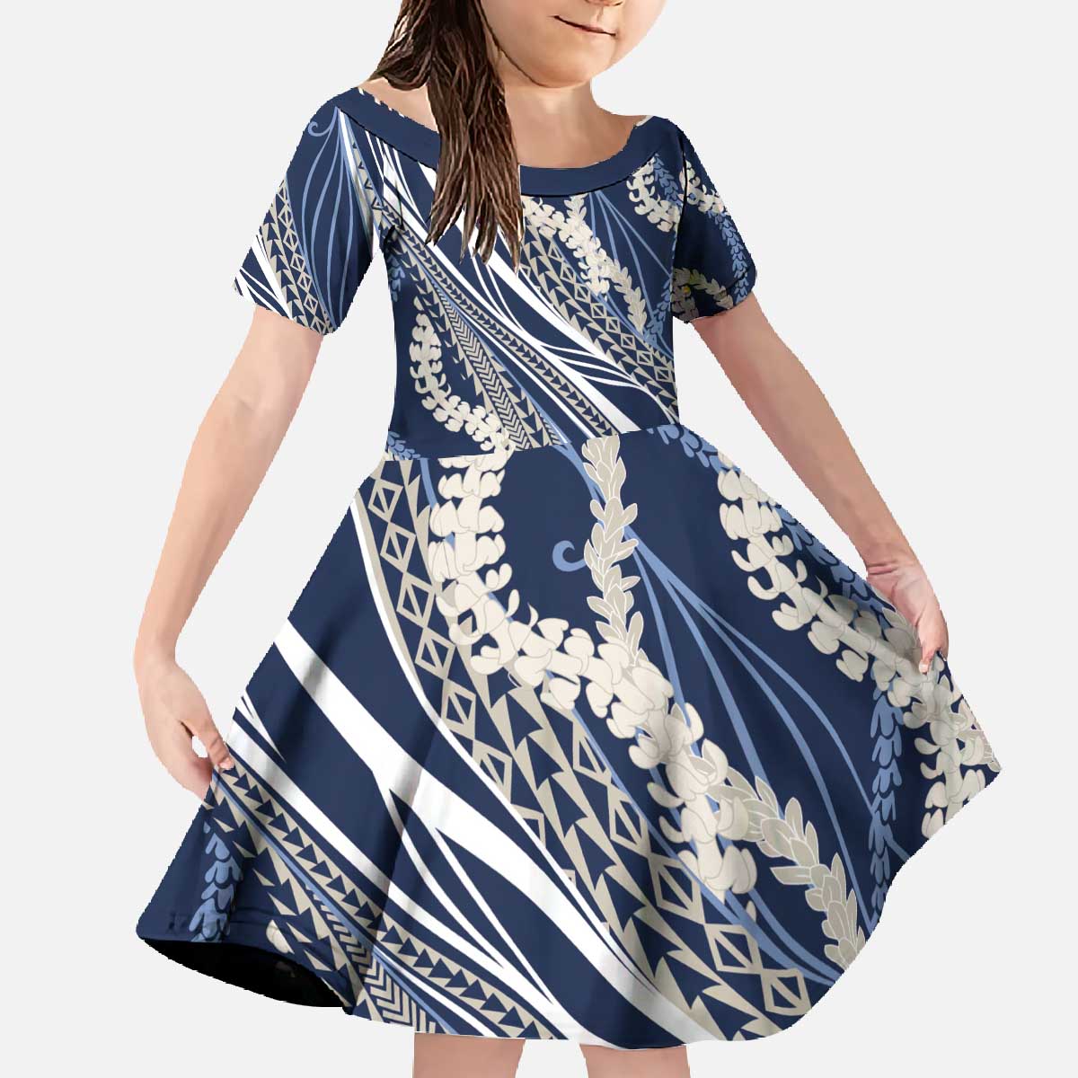 Polynesian Puakeniken Pikake Twisted Lei Family Matching Off The Shoulder Long Sleeve Dress and Hawaiian Shirt Navy Blue - Polynesian Pride