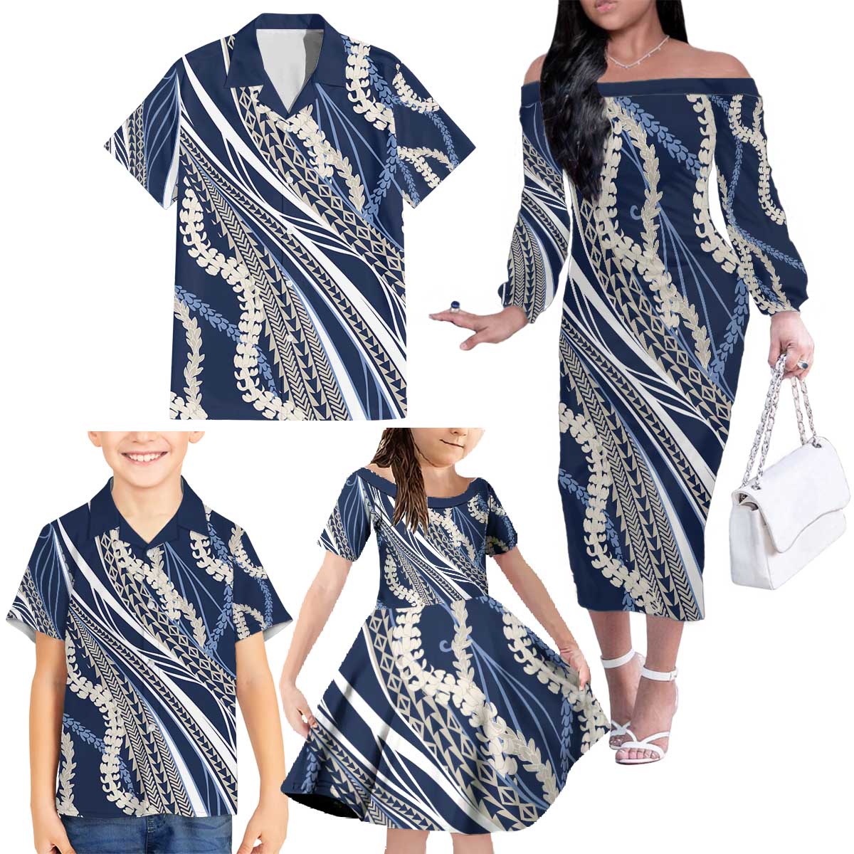 Polynesian Puakeniken Pikake Twisted Lei Family Matching Off The Shoulder Long Sleeve Dress and Hawaiian Shirt Navy Blue - Polynesian Pride