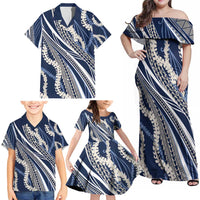 Polynesian Puakeniken Pikake Twisted Lei Family Matching Off Shoulder Maxi Dress and Hawaiian Shirt Navy Blue - Polynesian Pride