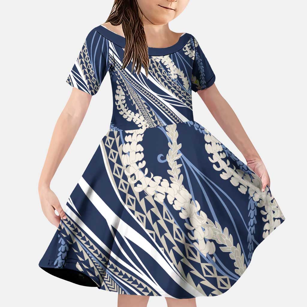 Polynesian Puakeniken Pikake Twisted Lei Family Matching Puletasi and Hawaiian Shirt Navy Blue LT7 Daughter's Dress Navy Blue - Polynesian Pride