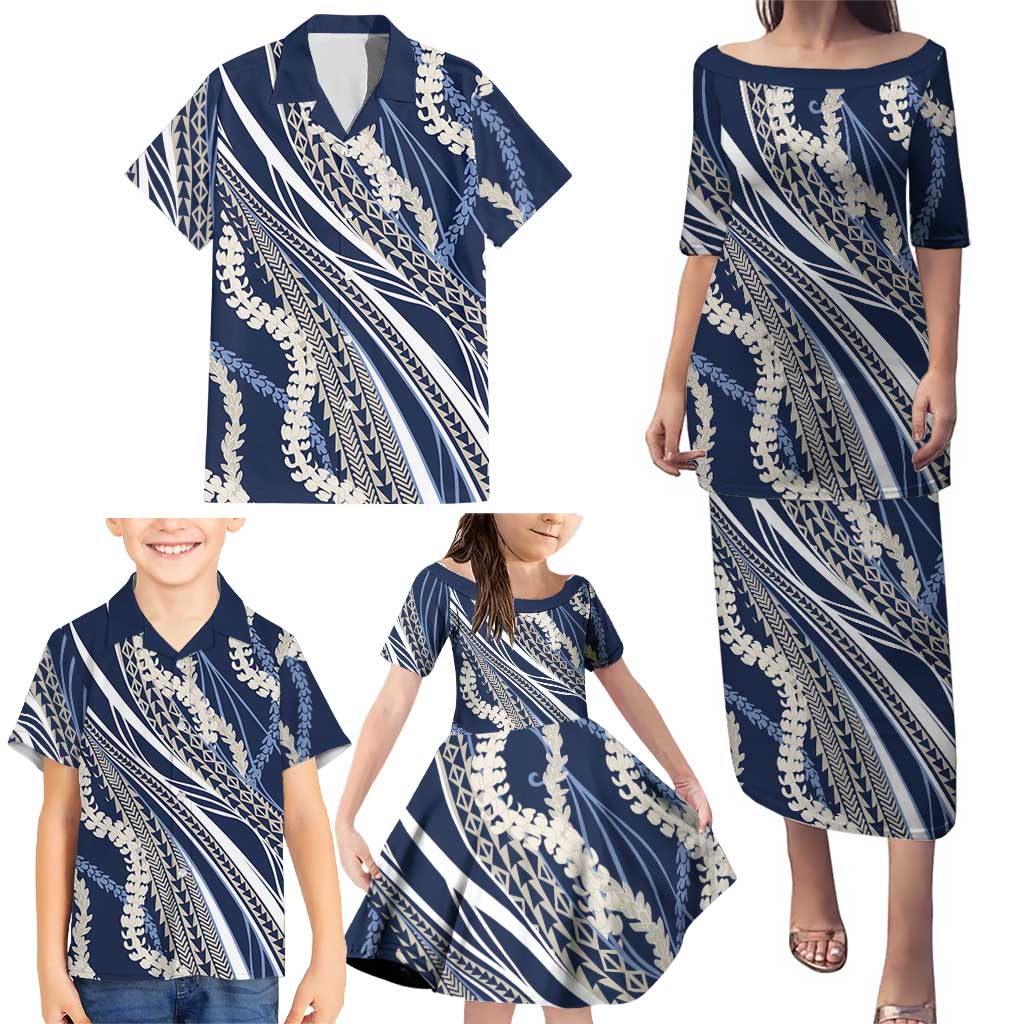 Polynesian Puakeniken Pikake Twisted Lei Family Matching Puletasi and Hawaiian Shirt Navy Blue LT7 - Polynesian Pride
