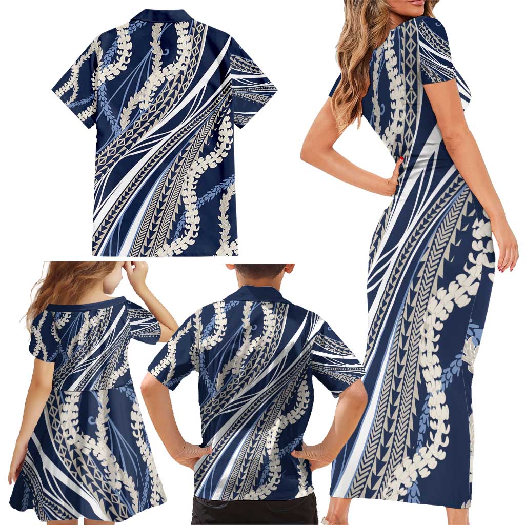 Polynesian Puakeniken Pikake Twisted Lei Family Matching Short Sleeve Bodycon Dress and Hawaiian Shirt Navy Blue - Polynesian Pride