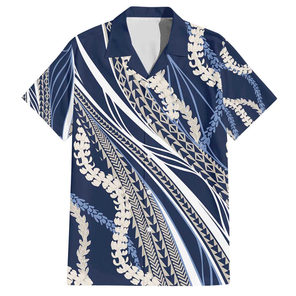 Polynesian Puakeniken Pikake Twisted Lei Family Matching Short Sleeve Bodycon Dress and Hawaiian Shirt Navy Blue - Polynesian Pride