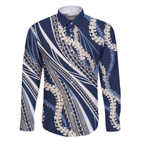 Polynesian Puakeniken Pikake Twisted Lei Family Matching Short Sleeve Bodycon Dress and Hawaiian Shirt Navy Blue - Polynesian Pride